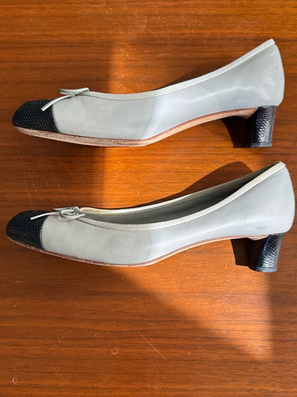 Cap-Toe Kitten Heel CC Pumps - Gray/Black, 38, Leather - Picture 2 of 12
